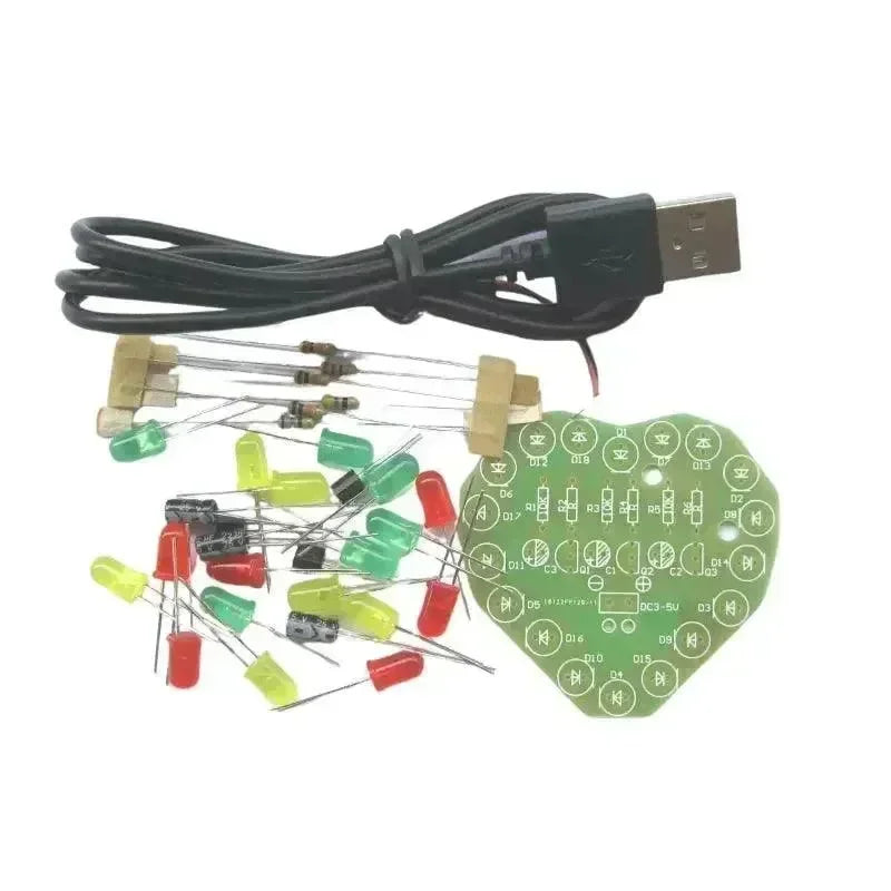 Kit de bricolage de lumière clignotante LED en forme de coeur à sept couleurs avec câble USB