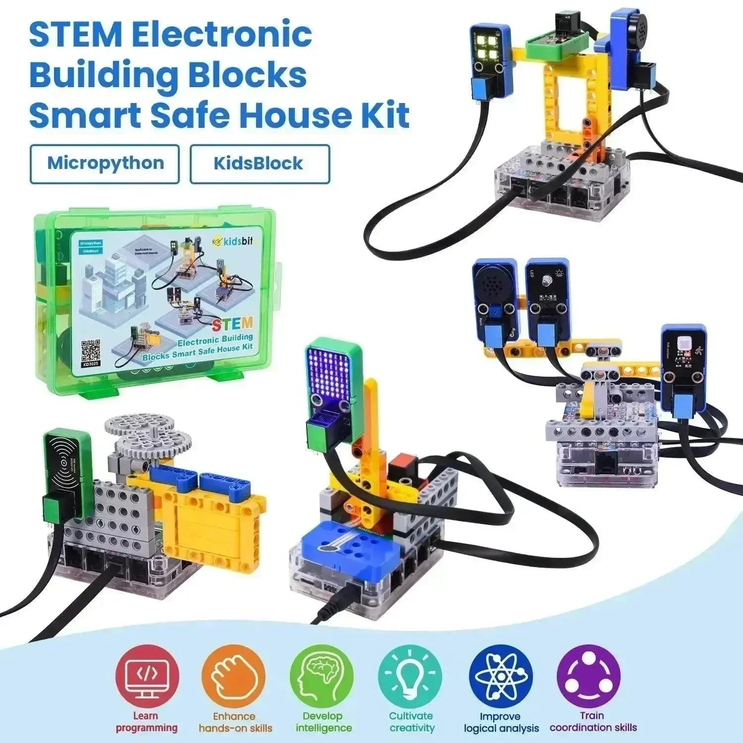 Kit de maison intelligente sécurisée avec blocs de construction électroniques STEM KeyeStudio Kidsbits Arduino