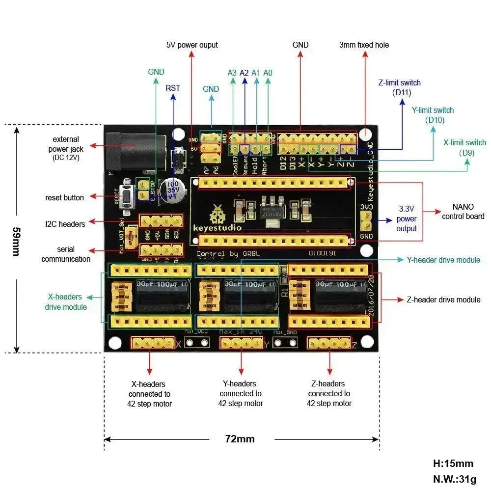 Controlador de motor paso a paso KeyeStudio A4988 para impresora 3D, escudo CNC para Nano
