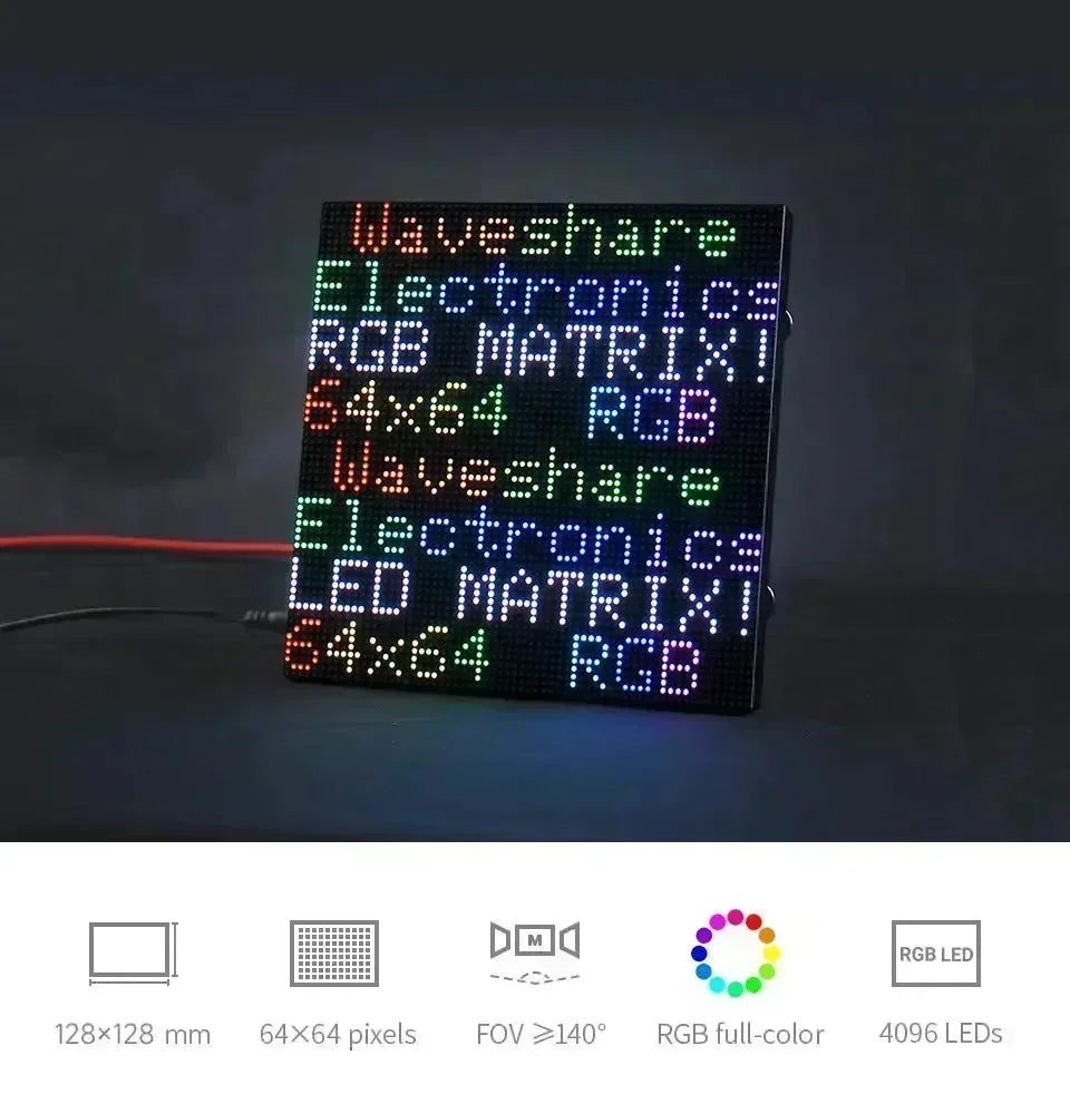 Panel de matriz LED RGB de color completo Waveshare, paso de 2 mm, 64x64 píxeles, brillo ajustable