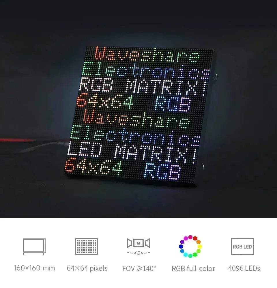 Panneau matriciel LED RVB toutes couleurs Waveshare, pas de 2,5 mm, 64x64 pixels, luminosité réglable