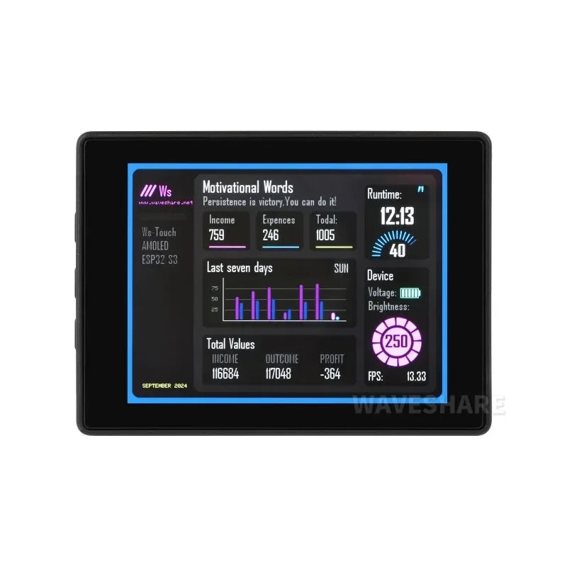 Waveshare ESP32-S3 2.41 tuuman AMOLED-kosketusnäyttökehityskortti 600×450