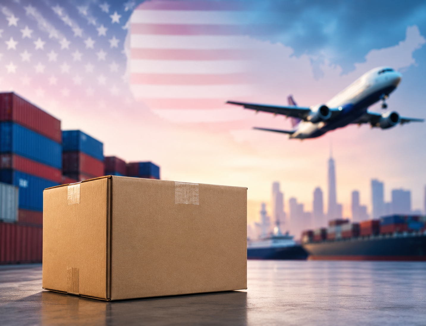 International shipping package with cargo plane and U.S. logistics background