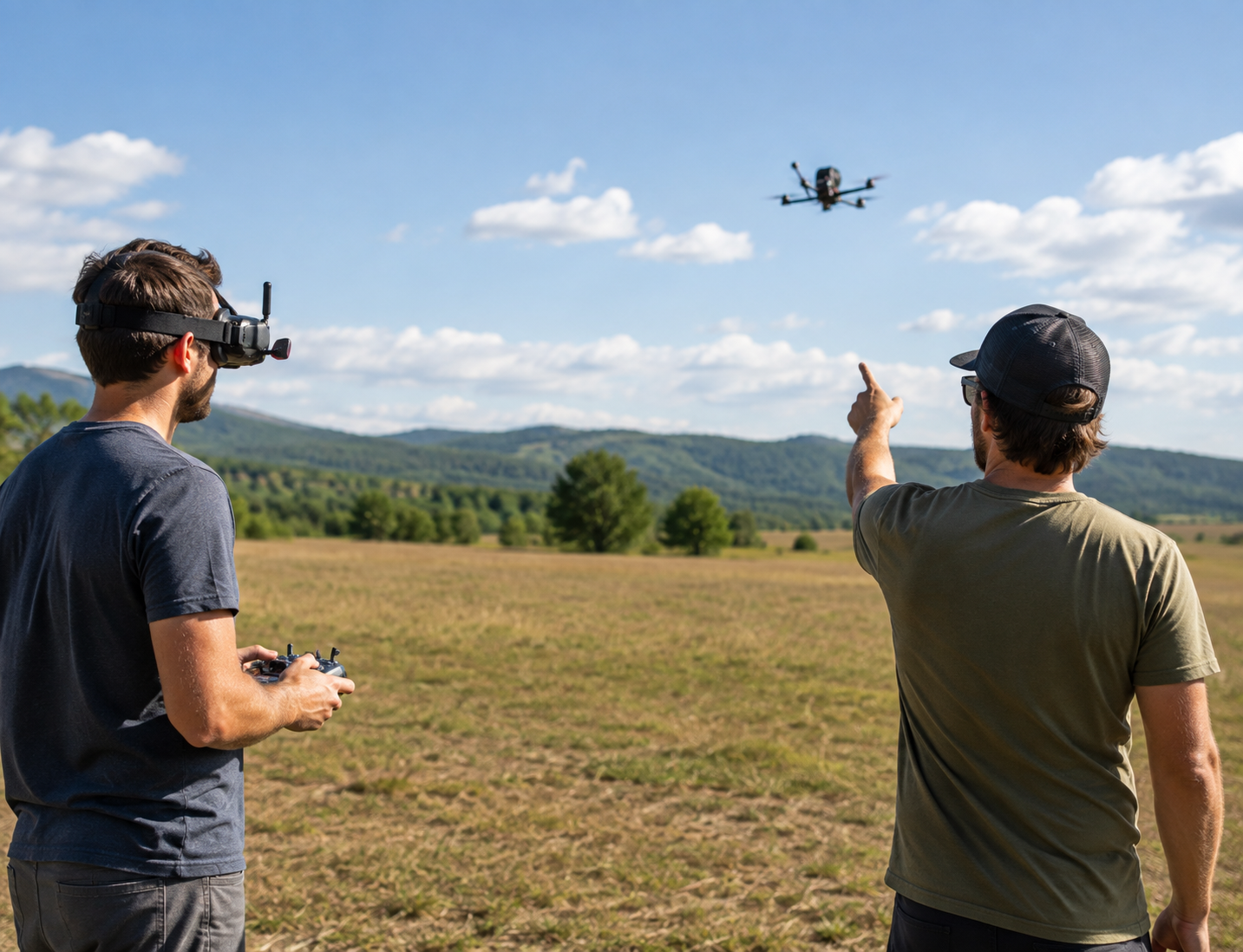 FPV pilot flying a drone outdoors with a visual observer standing nearby