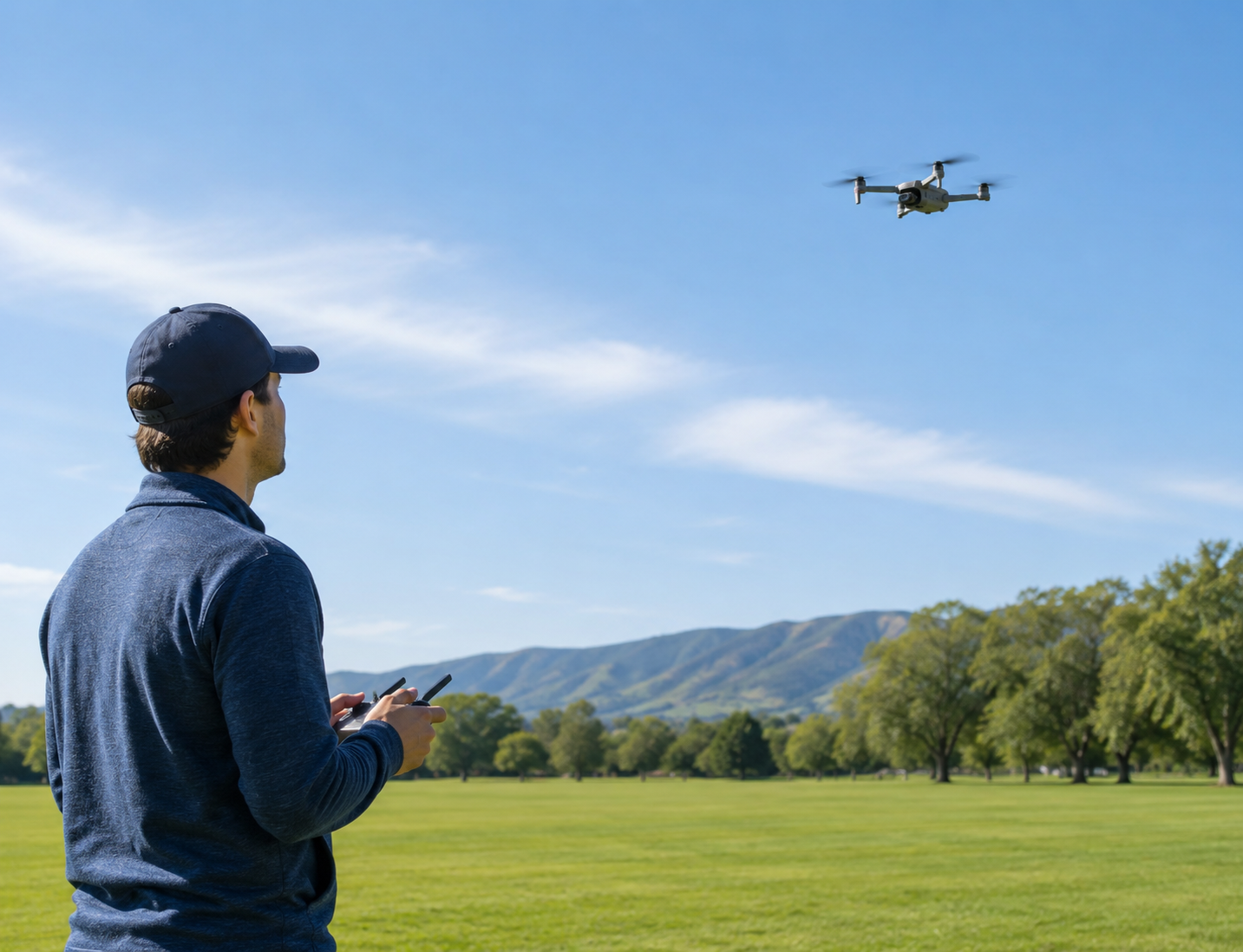 Drone pilot flying a quadcopter in an open field under a clear blue sky