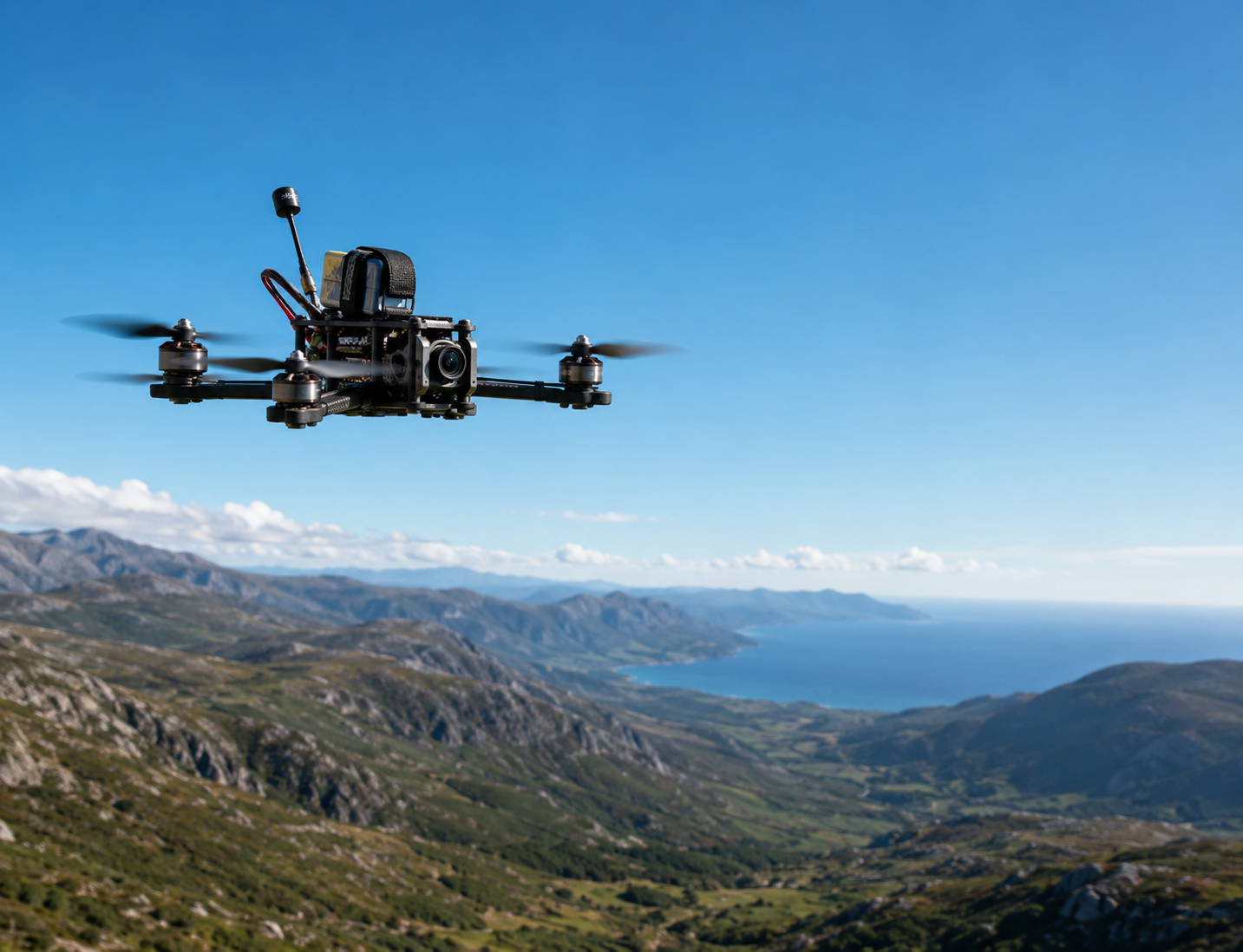Long-range FPV drone flying over a mountain valley and coastline