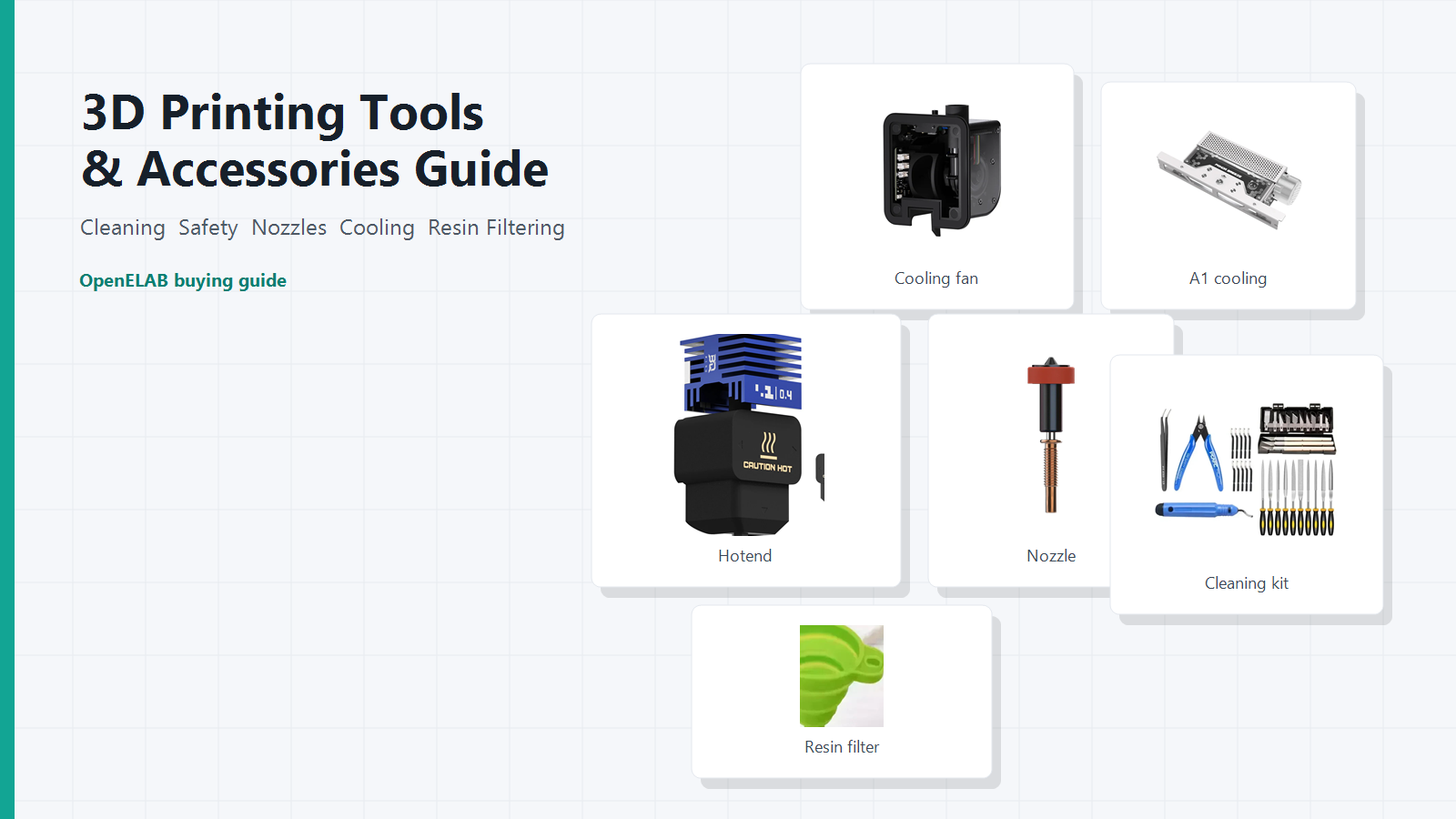 3D printing tools and accessories cover with cleaning kit, nozzles, cooling fans, hotend, and resin filtering tools