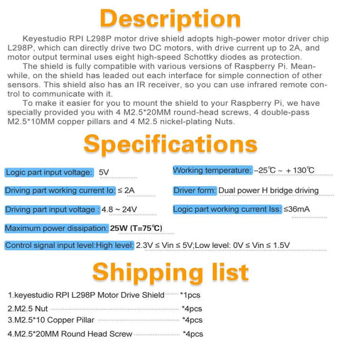 Escudo de accionamiento de motor Raspberry Pi L298P para Arduino