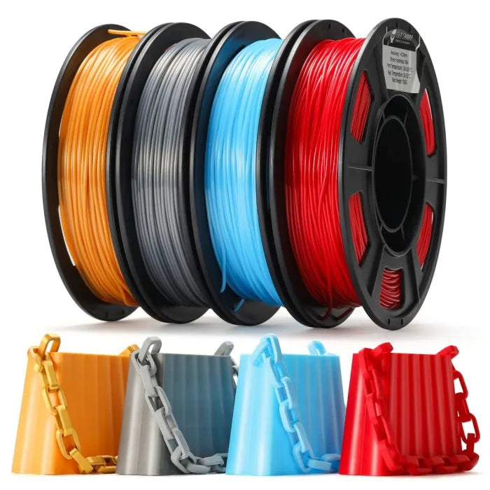 Genmitsu Silk TPU Filament 4x250g Bundle Glossy Silk Surface, Gold, Dark Silver, Blue, Red