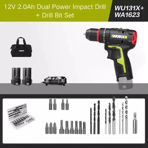 WORX Perceuse électrique WU131 Perceuse à percussion avec batterie au lithium