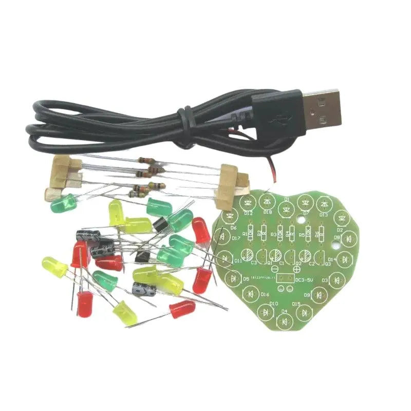 Kit de bricolage de lumière clignotante LED en forme de coeur à sept couleurs avec câble USB