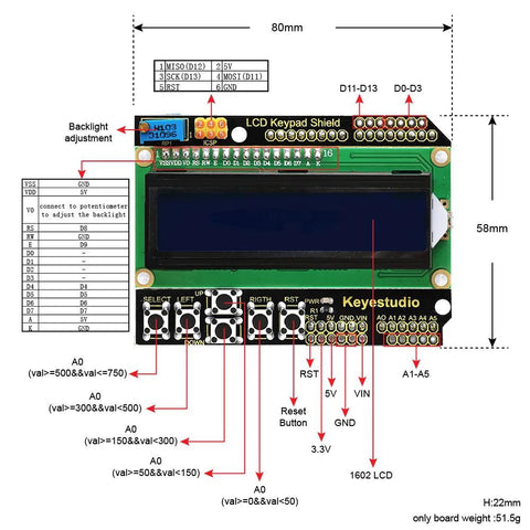 Keyestudio 1602LCD Keypad Shield For Arduino Raspberry Pi - OpenELAB