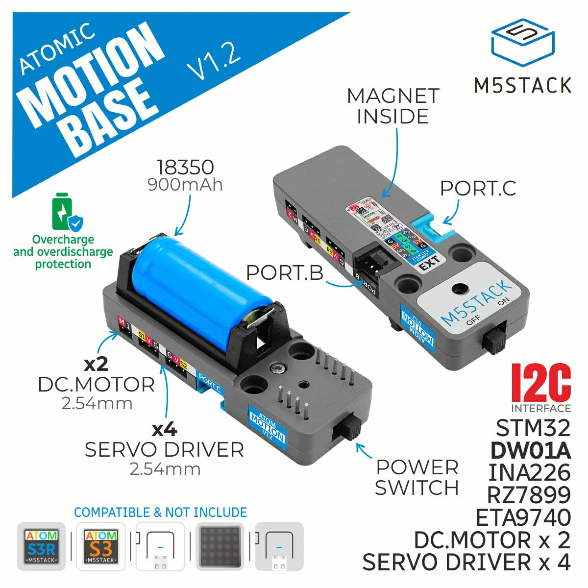 M5Stack ATOMIC Motion Base v1.2 Power Monitorilla (INA226AIDGSR)