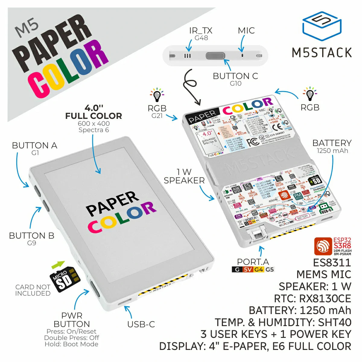 M5stack Color M5Stack M5Paper Color ESP32S3 Dev Kit (600x400, 4