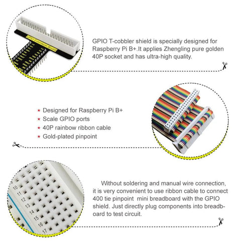 Raspberry Pi T type board+40P Colorful Ribbon Cable+400 Breadboard