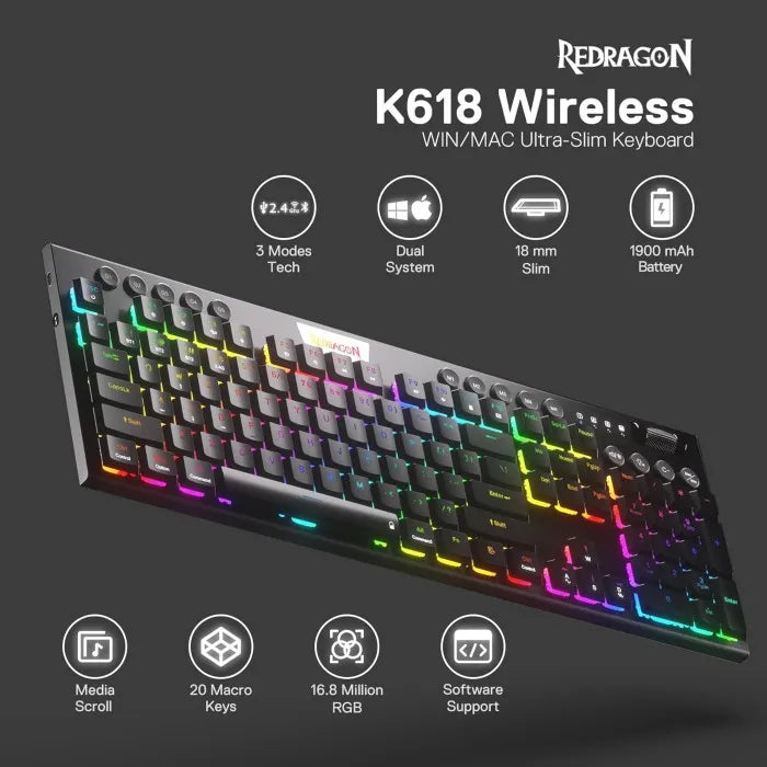 Redragon K618 Horus RGB 3 Modes Keyboard Red Switches US Layout ...