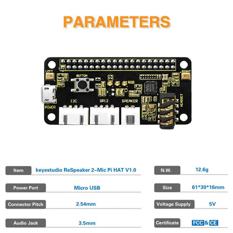 Placa de expansión 5V ReSpeaker 2-Mic Pi HAT V1.0 para Raspberry Pi