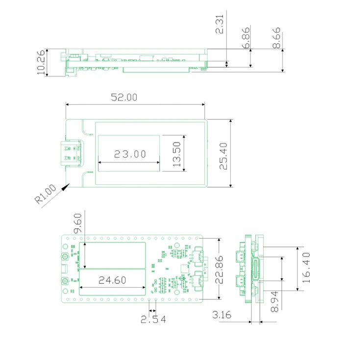 HELTEC Mesh Node T096 dimensions diagram