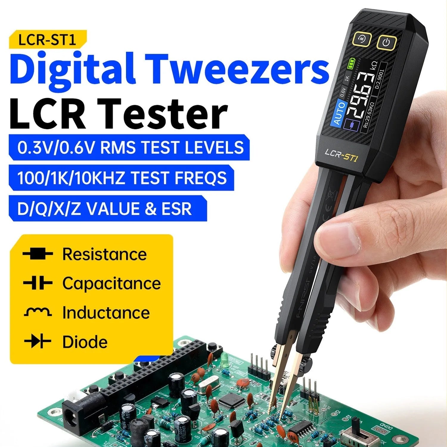 FNIRSI LCR-ST1 tweezer tester display and controls for SMD component measurement
